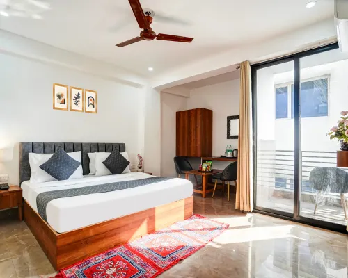 Comfortable guest room with soft lighting and stylish interiors